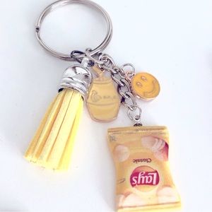 New Enamel Charm Dangling Keychain Tassel Yellow Emoji Lays Chips Milk Smile